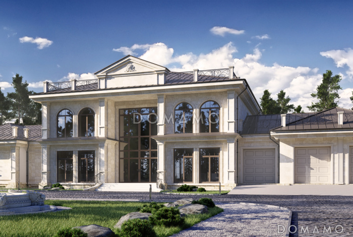 Проект загородного дома с бассейном, комнатами для отдыха и спорта, террасами, большим гаражом, спальнями на втором этаже