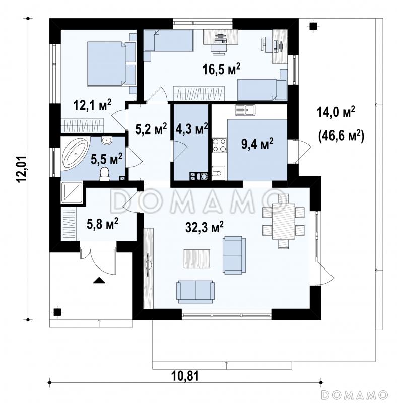 Проект компактного одноэтажного дома из газобетона с двумя спальнями и угловой террасой вдоль дома / План 1 этажа
