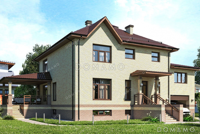 Проект двухэтажного дома с гаражом, оборудованным подвалом и крытой террасой