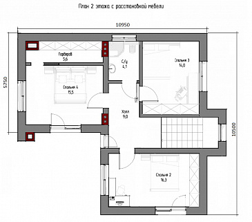Проект двухэтажного дома с плоской крышей, изолированной кухней-столовой, гостиной с выходом на террасу, гостевой комнатой / План 2 этажа