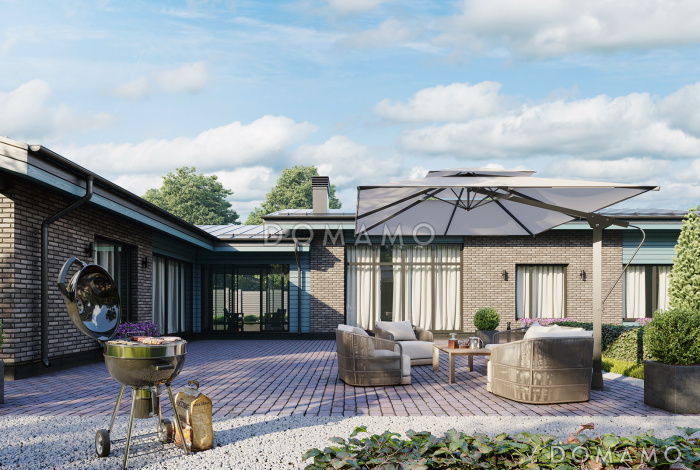 Проект сблокированного Г-образного дома с мастер-спальней, сауной, утепленной террасой