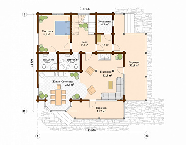 Проект дома с тремя спальнями на мансардном этаже / План 1 этажа
