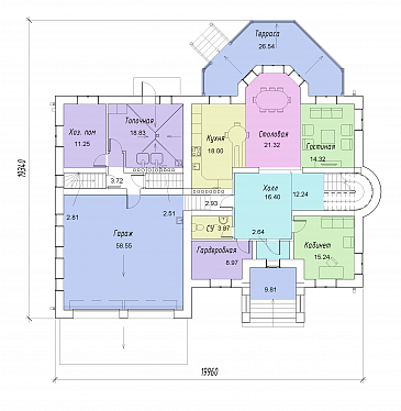 Проект двухэтажного дома с цокольным этажом, гаражом, эркером и террасой / План 1 этажа