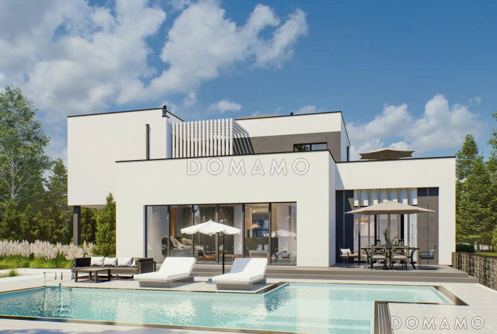 Проект дома из газобетона с бассейном, террасой и гаражом на 2 машины