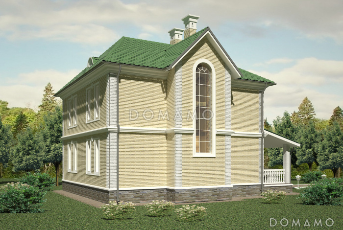 Проект классического коттеджа 10х10 с террасой из кирпича