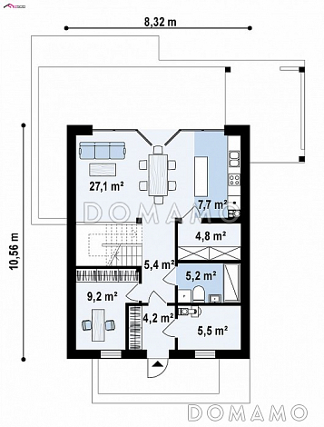 Проект одноэтажного мансардного дома из газобетона со вторым светом и панорамным остеклением гостиной / План 1 этажа