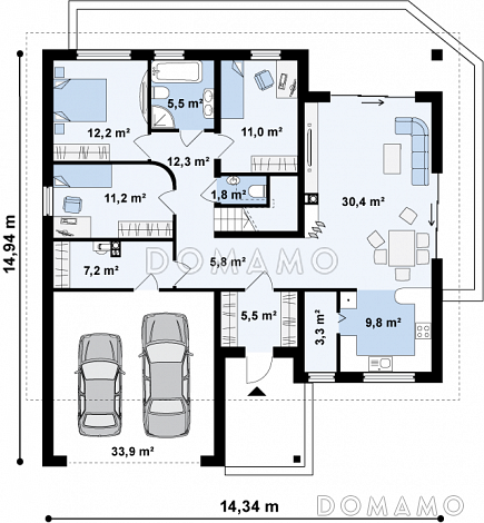 Проект одноэтажного дома из газобетона с антресолью в гостиной, со свободной планировкой мансардного этажа и гаражом  / План 1 этажа