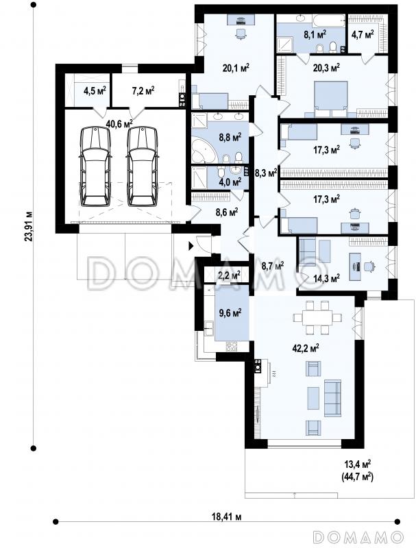 Проект современного дома с гаражом на 2 машины и кладовой, просторной гостиной, кухней с угловым окном и кладовой, террасой / План 1 этажа