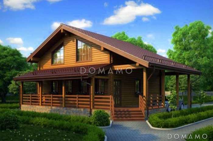 Проект дома из клееного бруса с навесом для одного авто