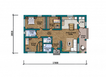 Проект современного загородного дома с комфортной террасой и тремя спальнями / План 1 этажа