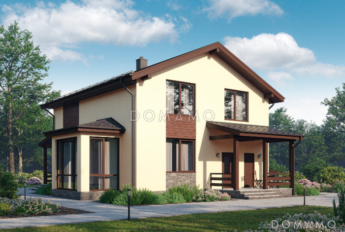 Проект дома из газобетона с террасой, кабинетом, эркером, кладовой