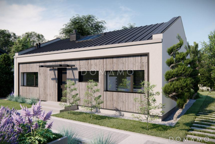 Проект элегантного загородного дома с помещениями на одном этаже, двухскатной крышей, тремя спальнями, кладовой на кухне