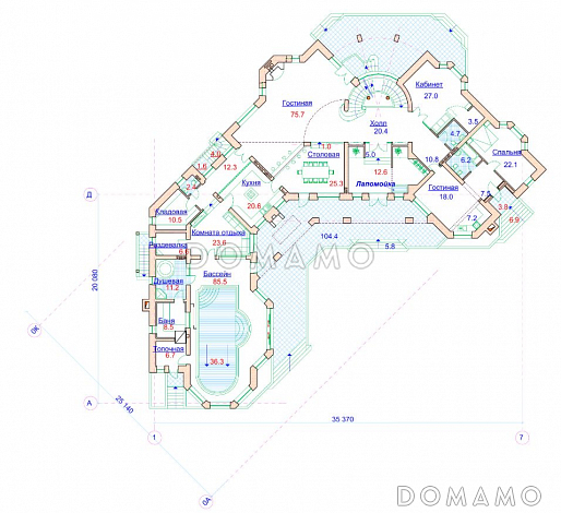 Проект коттеджа с угловой планировкой и бассейном / План 1 этажа