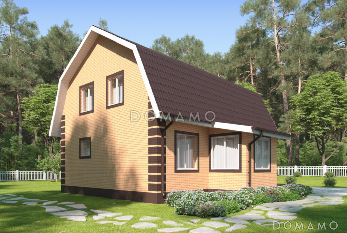 Проект загородного дома с небольшой верандой, спальней на первом этаже, совмещенной кухней-столовой