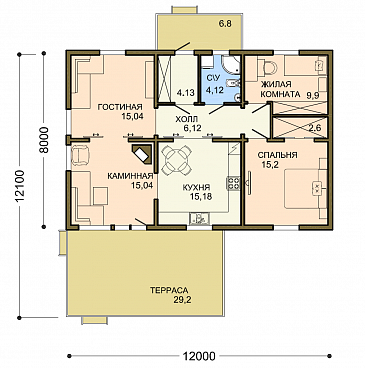 Проект одноэтажного усадебного дома с каминным залом и двумя спальнями / План 1 этажа