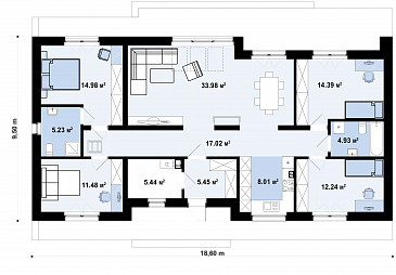 Проект дома в стиле барнхаус с террасой и панорамными окнами / План 1 этажа