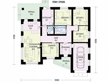 Проект одноэтажного дома с гаражом на один автомобиль, террасой, детскими комнатами, просторной гостиной / План 1 этажа