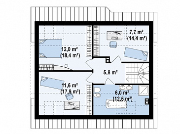 Проект одноэтажного мансардного дома из газобетона с кабинетом, тремя спальнями и эркером в гостиной / План мансардного этажа