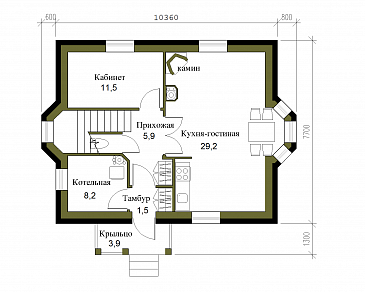 Проект лаконичного полутораэтажного коттеджа из кирпича / План 1 этажа