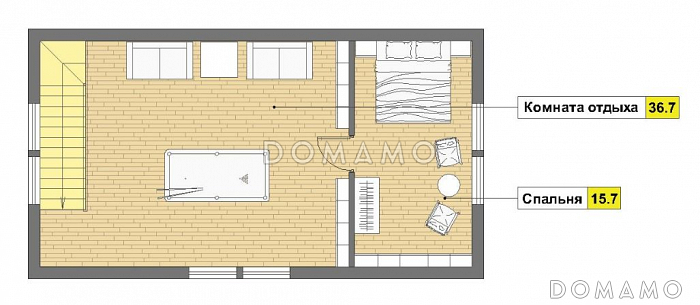 Проект бани из газобетонных блоков с угловой крытой террасой, сараем и мансардным этажом / План мансардного этажа