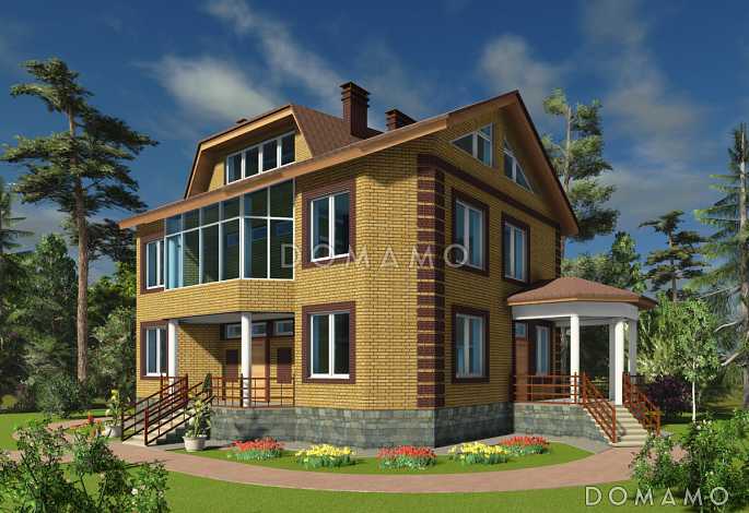 Проект  двухэтажного коттеджа с мансардой, бассейном и кинотеатром