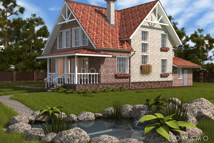 Проект загородного дома под красной кровлей с вторым светом, террасой и гаражом