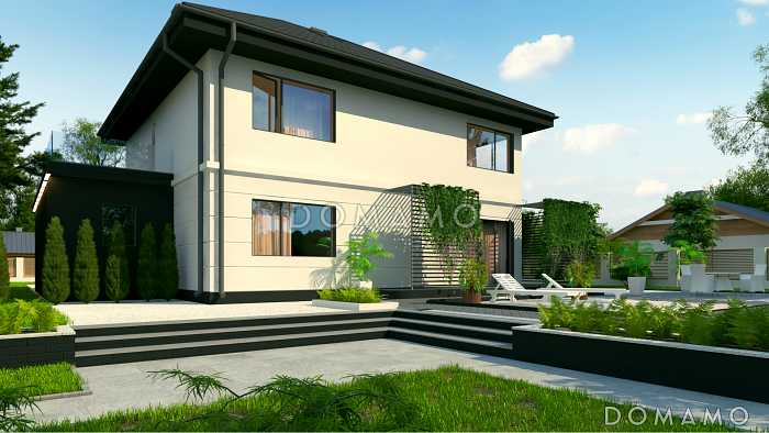 Проект дома с гаражом на две машины, просторной гостиной, комнатой на первом этаже, кладовой