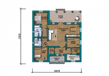 Проект большого одноэтажного дома с просторной зоной кухни-гостиной, крытой террасой, выделенной мастер-спальней и кабинетом / План 1 этажа