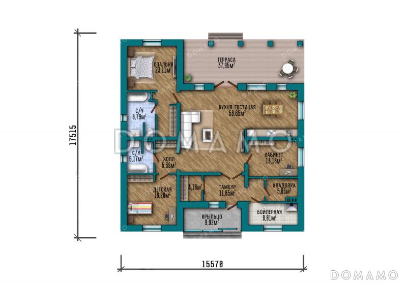 Проект большого одноэтажного дома с просторной зоной кухни-гостиной, крытой террасой, выделенной мастер-спальней и кабинетом / План 1 этажа