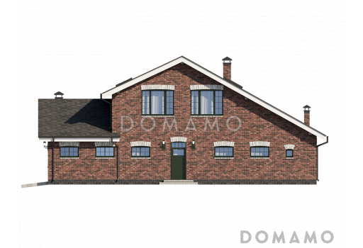 Проект загородного дома с гаражом, верандой и террасой, сауной, отдельными лестницами на мансардный этаж в гостевую и хозяйскую часть / Фасад 3