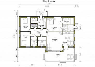 Проект одноэтажного дома в стиле хай-тек с полуоткрытой террасой и окнами в пол / План 1 этажа