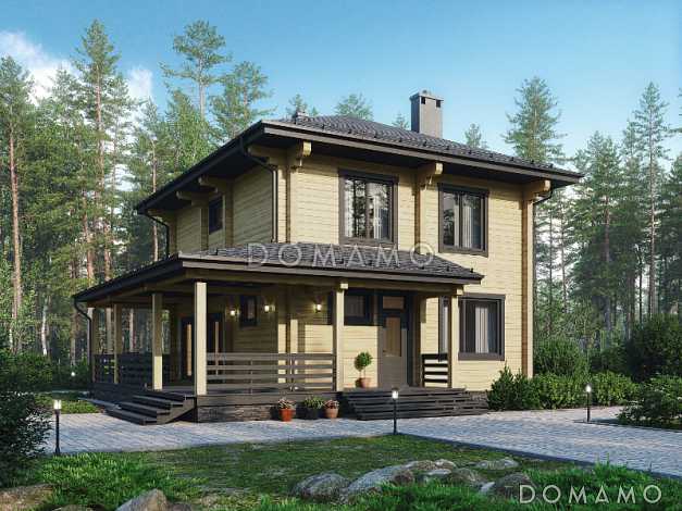 Проект двухэтажного дома из бруса с четырьмя спальнями, кабинетом и крытой террасой