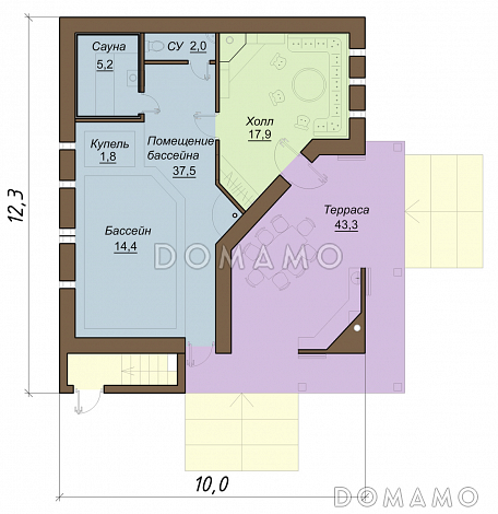 Проект бани с бассейном и террасой для отдыха / План 1 этажа