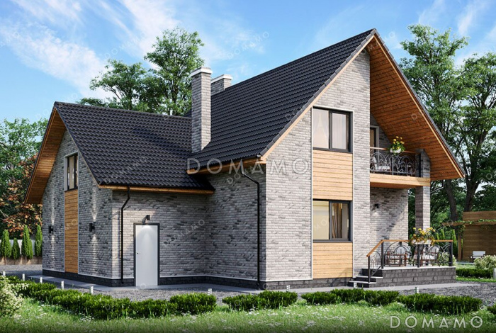 Проект дома с 3 спальнями и кабинетом на мансарде, гаражом и террасой