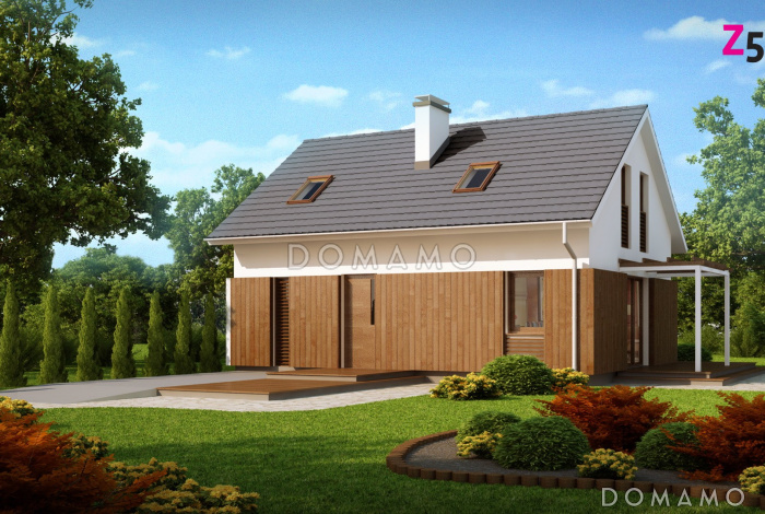 Проект одноэтажного мансардного дома из газобетона с навесом для автомобиля