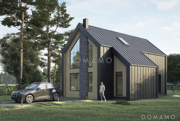 Проект двухэтажного дома из газобетона в стиле барнхаус с панорамными окнами в гостиной