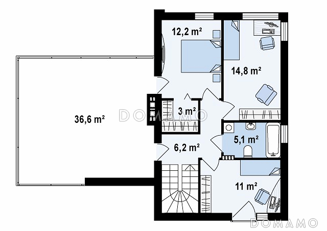 Проект современного двухэтажного дома из кирпича с тремя спальнями и террасой над одноместным гаражом / План 2 этажа