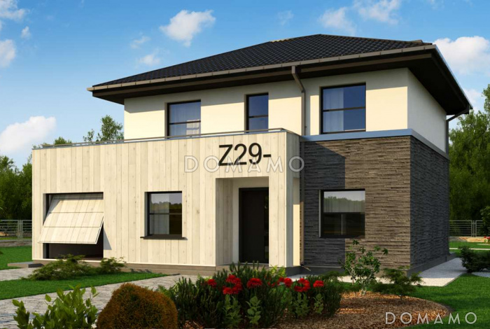 Проект обновлённого двухэтажного дома из кирпича с гаражом и большой террасой на втором этаже