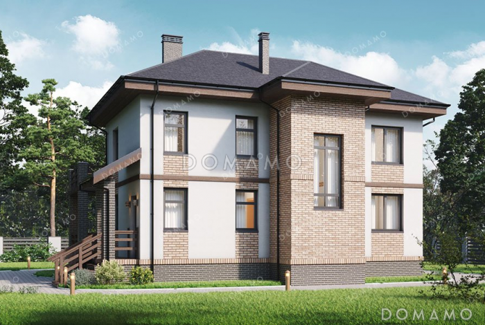 Проект двухэтажного дома с террасой и тремя спальнями