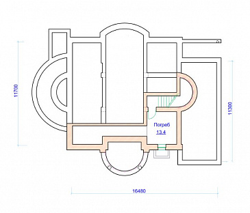 Проект коттеджа с двусветной гостиной, гаражом и террасой / План цокольного этажа