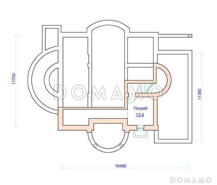 Проект коттеджа с двусветной гостиной, гаражом и террасой / План цокольного этажа
