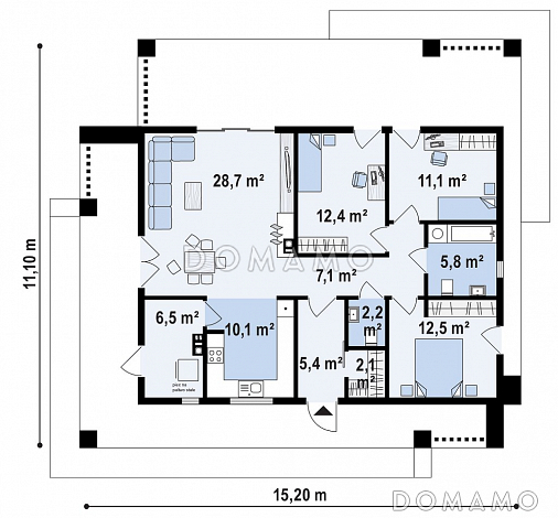 Проект простого одноэтажного дома из кирпича с плоской крышей с тремя спальнями  и крытой террасой  / План 1 этажа