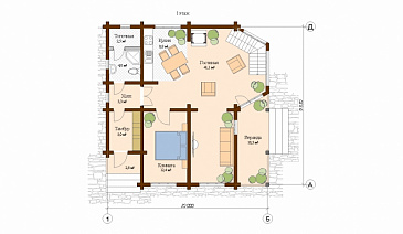 Проект двухэтажного пятикомнатного дома из клееного бруса / План 1 этажа