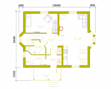 Проект практичного коттеджа в европейском стиле / План 1 этажа