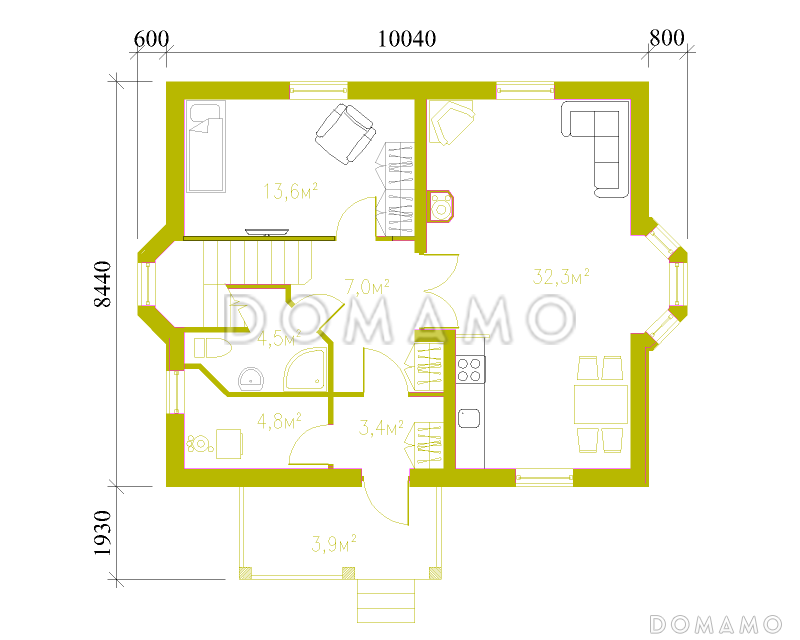 Проект практичного коттеджа в европейском стиле / План 1 этажа