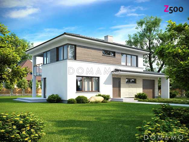 Проект современного двухэтажного дома из газобетона с четырьмя комнатами, гаражом, террасой и балконом