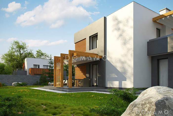 Проект двухэтажного дома с гаражом на две машины, террасами, хозяйской спальней, кухней и гостиной без перегородки