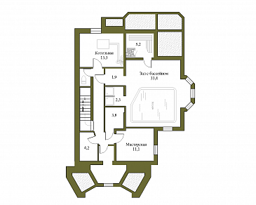 Проект трёхэтажного коттеджа с гаражом, подвалом и бассейном / План цокольного этажа