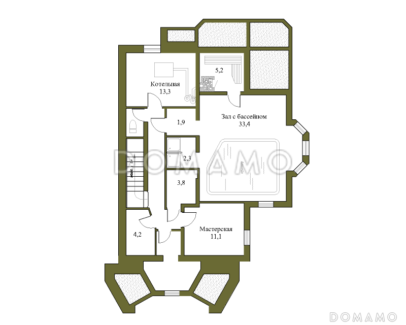 Проект трёхэтажного коттеджа с гаражом, подвалом и бассейном / План цокольного этажа