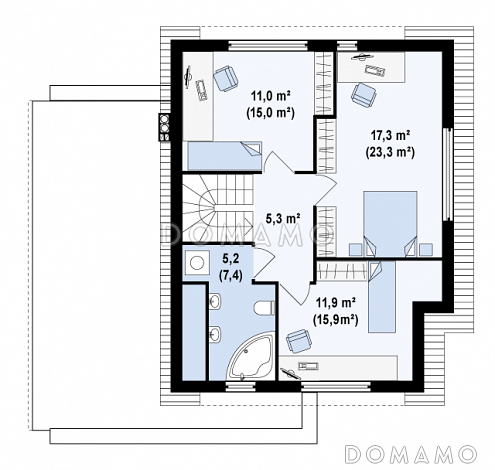 Проект современного одноэтажного мансардного дома из газобетона с тремя комнатами, угловой террасой и гаражом / План мансардного этажа